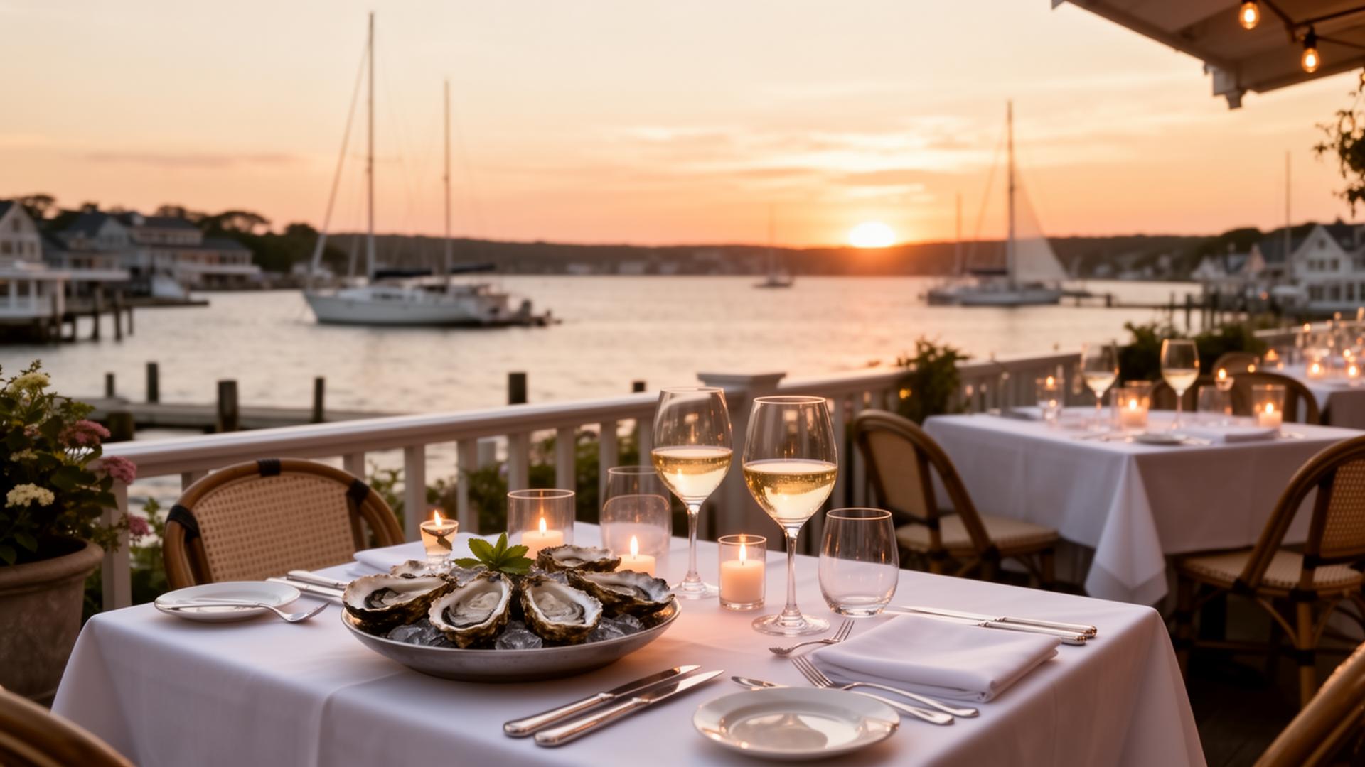 Coastal dining terrace at sunset on Mystic harbor